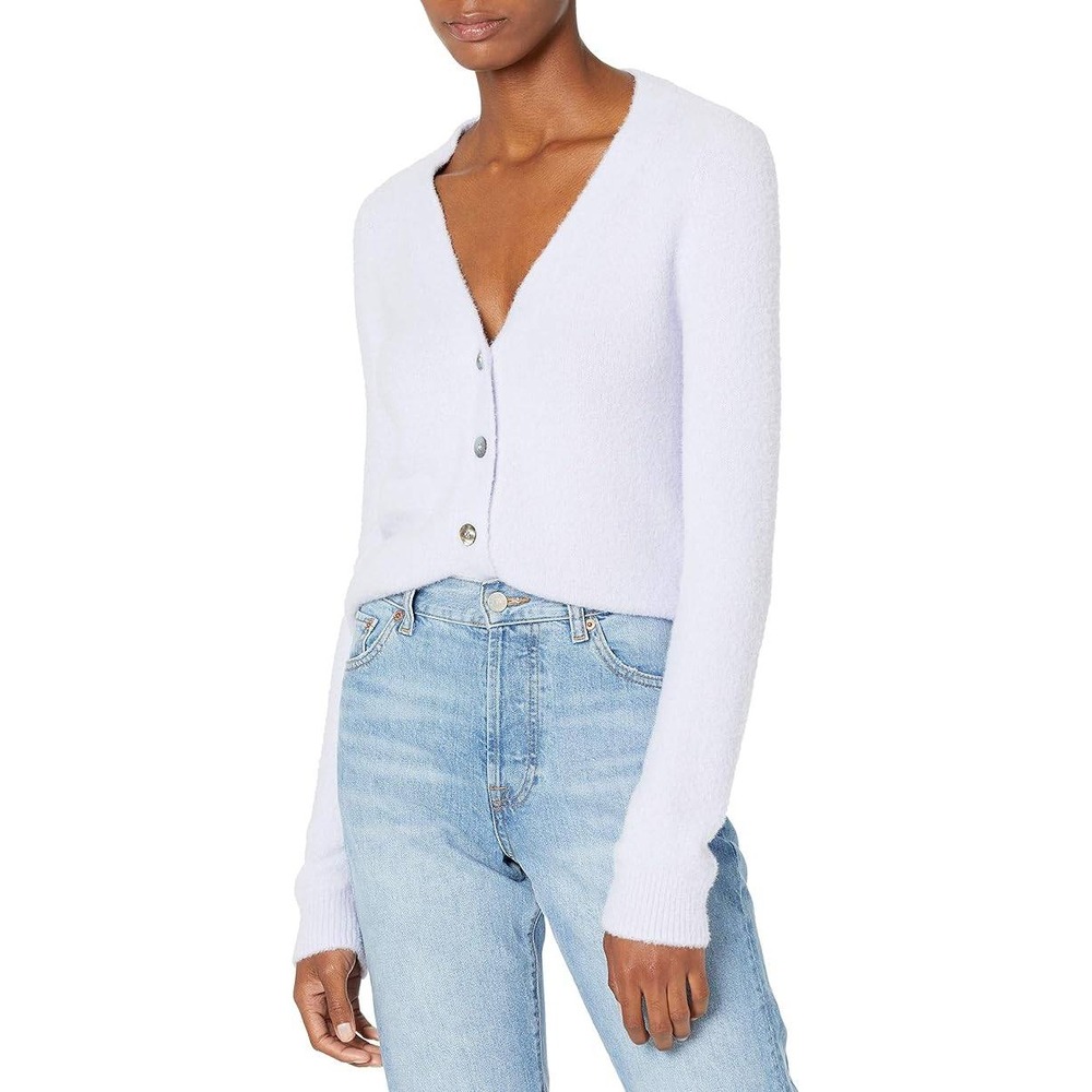The Drop‎ Faux Fur Cardigan Lilac V Neck Button Front Long Sleeve Soft Cozy-Med